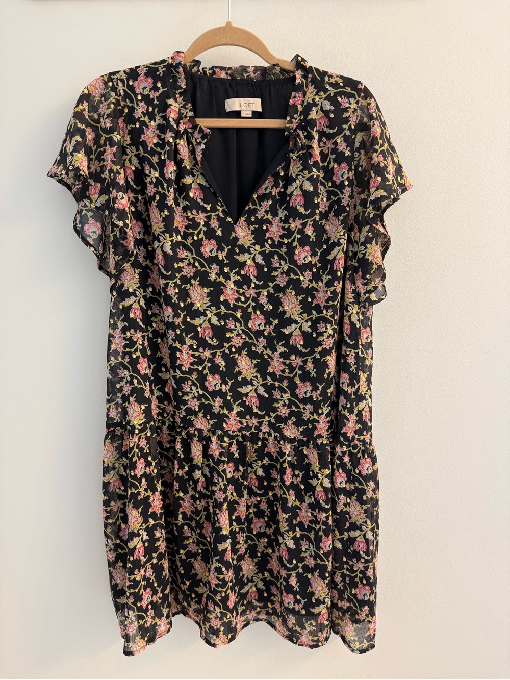LOFT Navy Blue Floral Short Sleeve V-Neck Dress